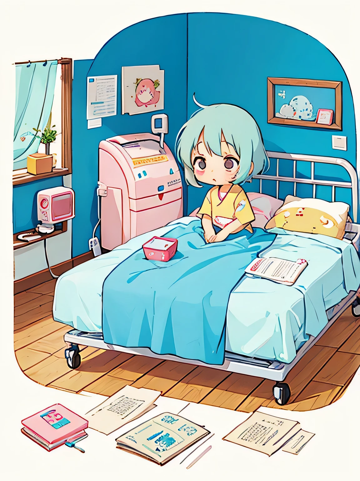 Hayao Miyazaki style, Kawaii Design, The most beautiful girl of all time、Chibi, Sick and sleeping、hospital bed