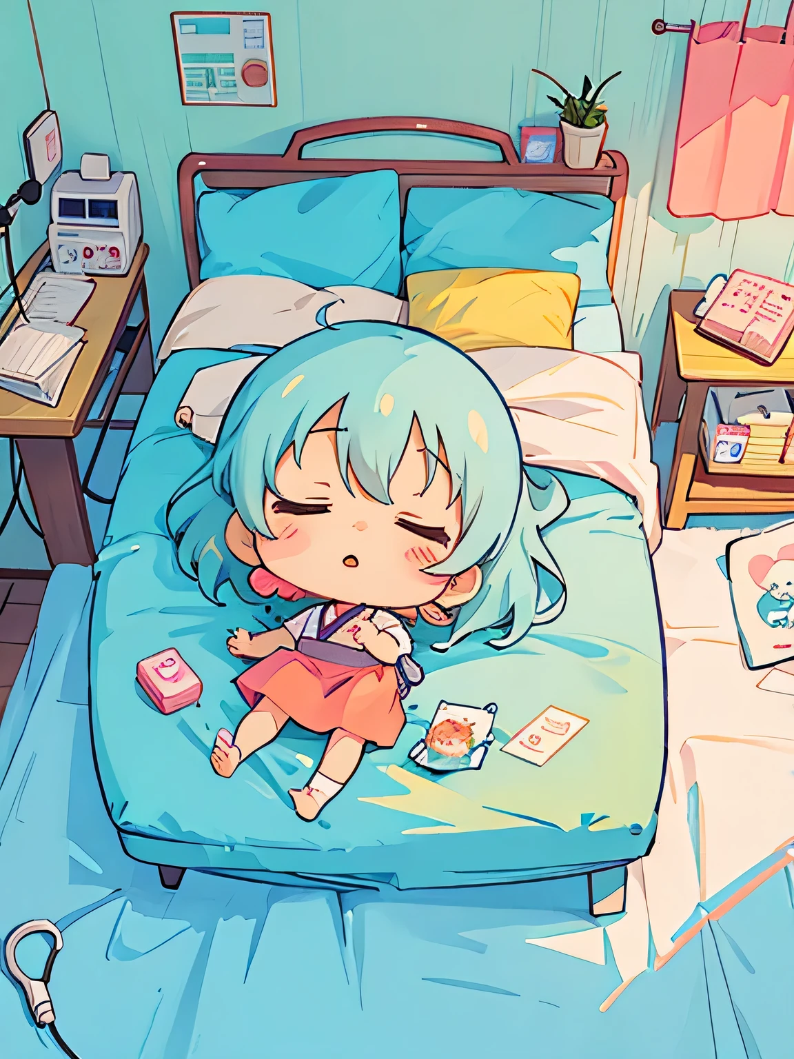 Hayao Miyazaki style, Kawaii Design, The most beautiful girl of all time、Chibi, Sick and sleeping、hospital bed