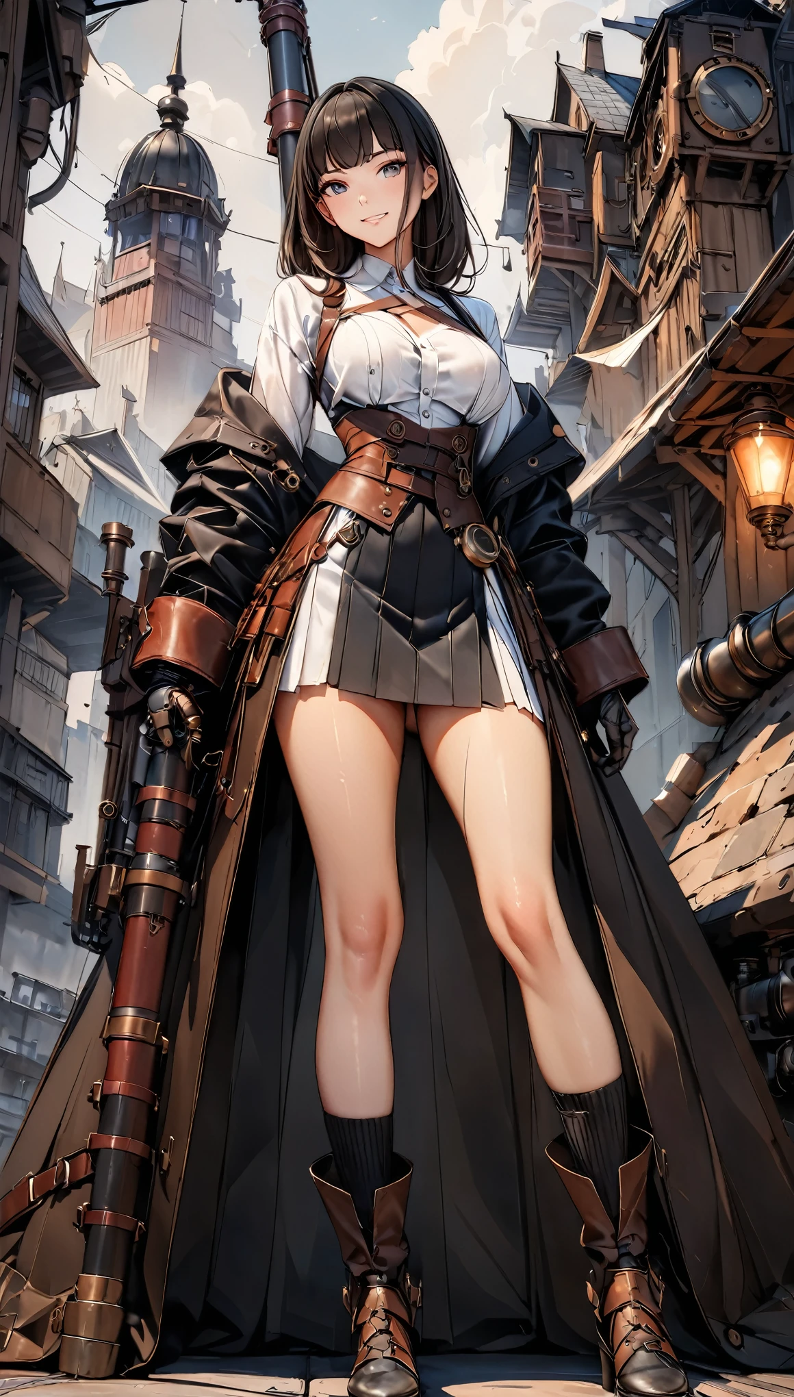 ((highest quality, 8k, masterpiece :1.3)), One girl, smile, (((Woman warrior:1.2, Detailed Weapons))), (((steampunk))), city, Crowded buildings, exposed gear and pipes, gear, (Thick Pipe), Covered Bridge, Gloomy Weather, chimney, Awkward mechanical device, irregular buildings,