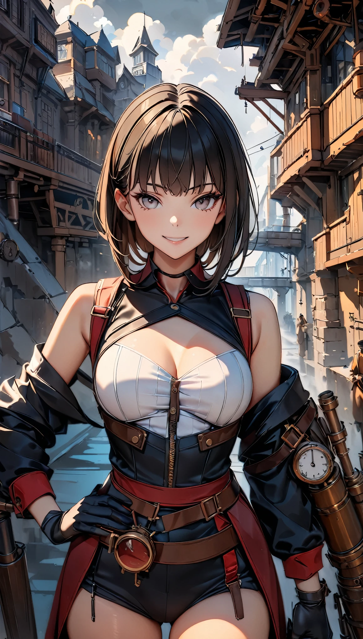 ((highest quality, 8k, masterpiece :1.3)), One girl, smile, (((Woman warrior:1.2, Detailed Weapons, Combat Uniform))), (((steampunk))), city, Crowded buildings, exposed gear and pipes, gear, (Thick Pipe), Covered Bridge, Gloomy Weather, chimney, Awkward mechanical device, irregular buildings,