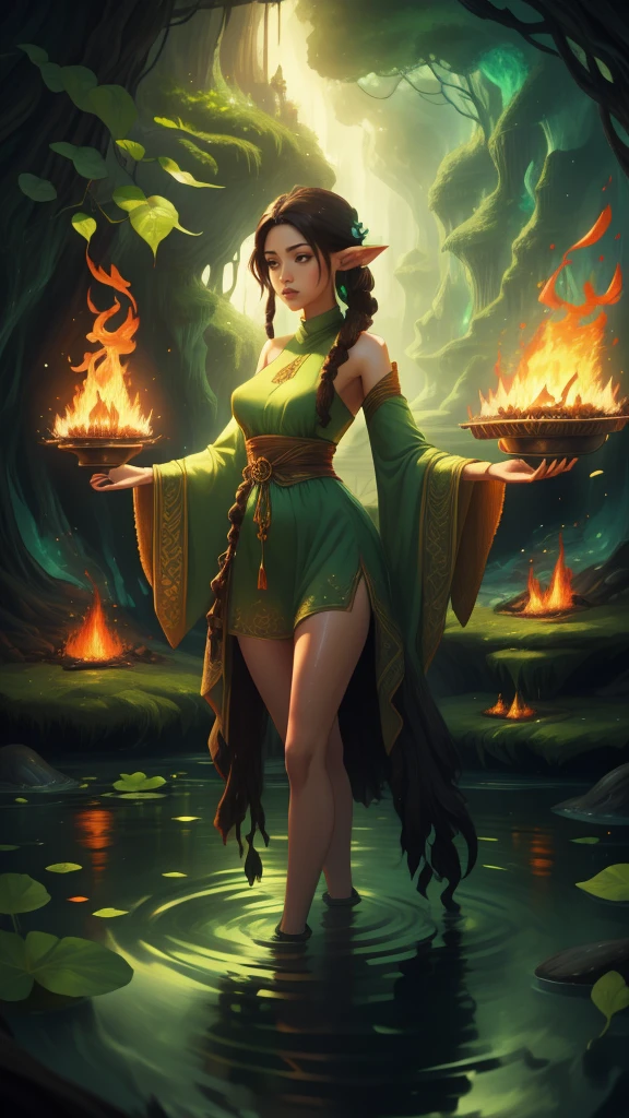 Create a mystic Fairy she had long brown dreadlock hair, wearing a green leaf dress, she standing in water and in her Background are Fire 