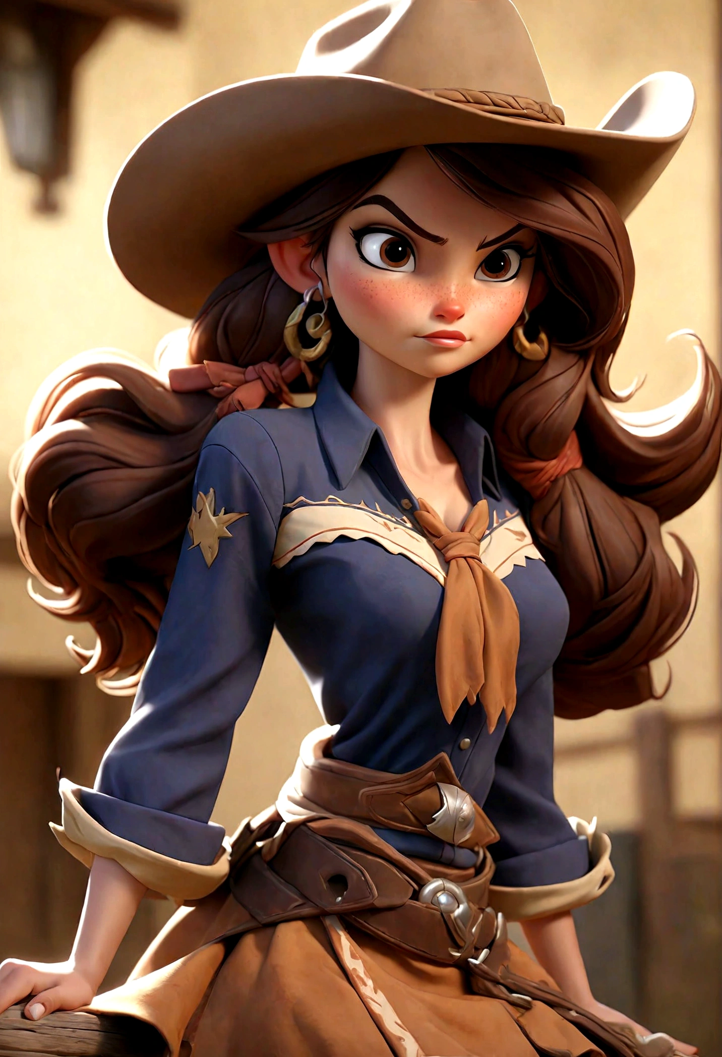 (Best quality, high resolution: 1.2), Ultra-detailed, (Realistic: 1.37) brunette, médium brown hair, brown eyes, small cheast, 30 years, full body, whith a skirt and shirt cowgirl style