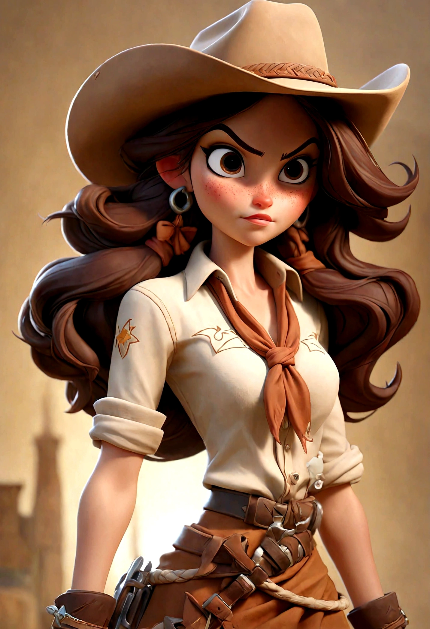 (Best quality, high resolution: 1.2), Ultra-detailed, (Realistic: 1.37) brunette, médium brown hair, brown eyes, small cheast, 30 years, full body, whith a skirt and shirt cowgirl style
