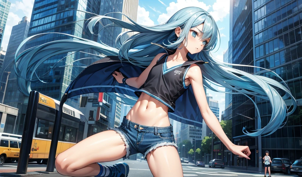 -year-ooy wilong blue hair，flat chest，Very slim figure，Sports bras，Vest，Thin legs，Denim shorts，City