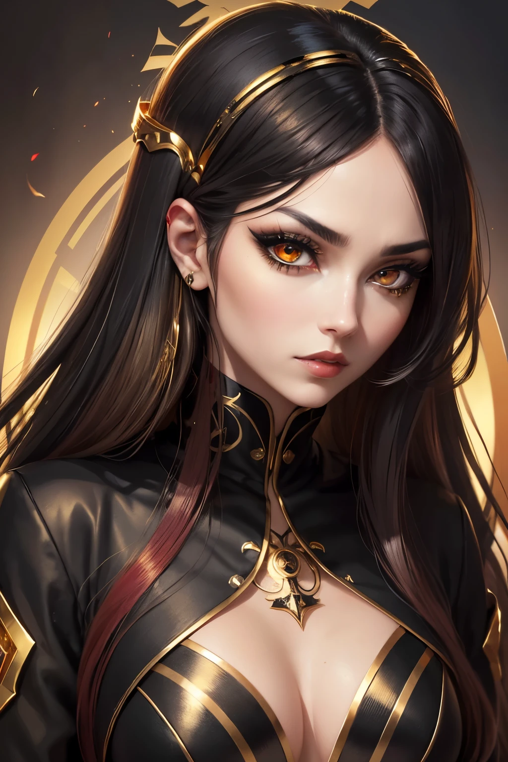 best quality, super fine, 16k, incredibly absurdres, extremely detailed, delicate and dynamic, beautiful woman, (eyes with black, gold and red gradient:1.3), captivating look, aroused expression, black butler suit outfit