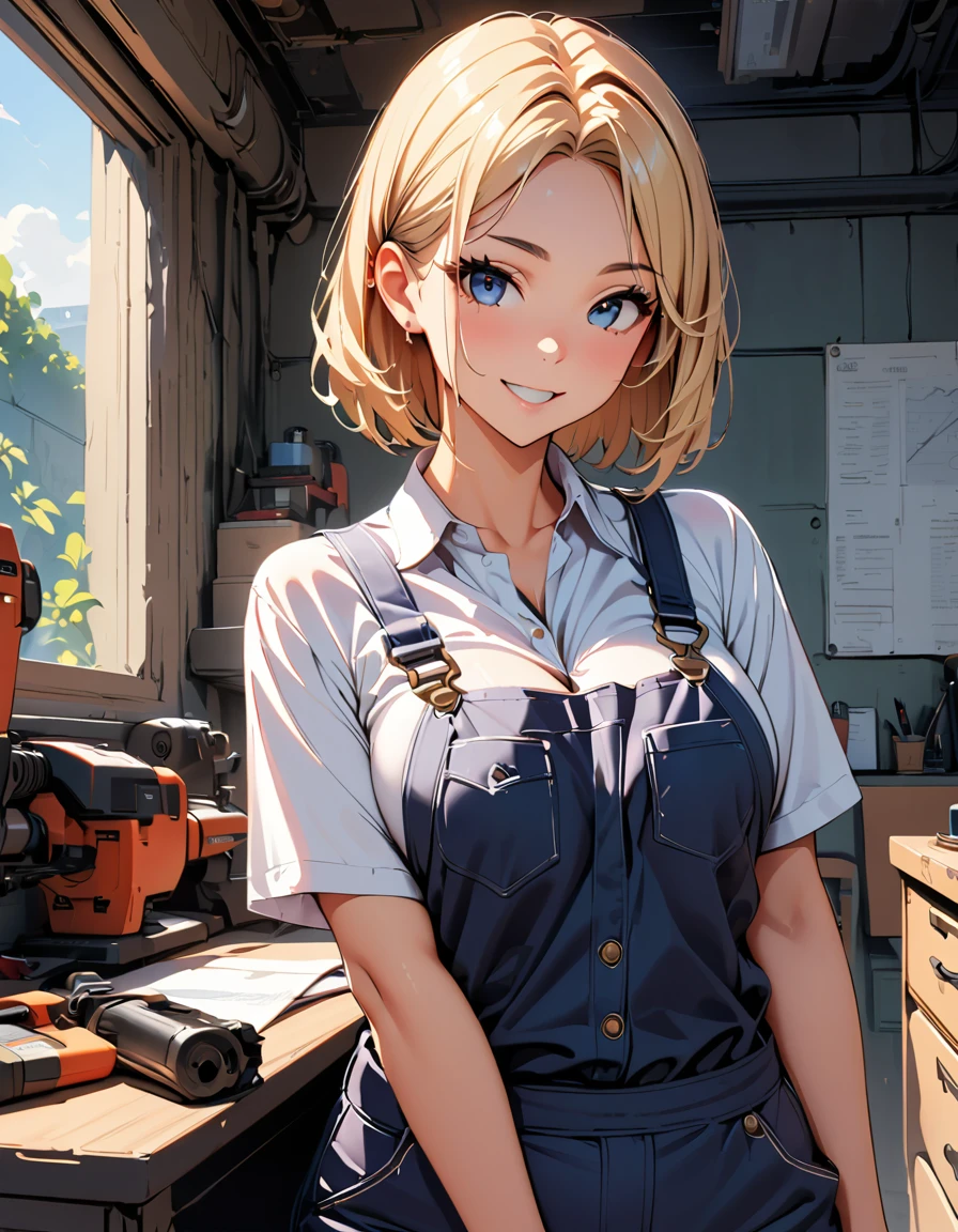 (highest quality:1.2, Very detailed, up to date, Vibrant, Ultra-high resolution, High Contrast, masterpiece:1.2, highest quality, Best aesthetics), Beautiful female mechanic, sexy, Work clothes, Overalls, Best Body Line, Beautiful fine details, A professional and confident smile, Detailed facial features, Elegant hairstyle, Power tools, detailed machine, The job description on the wall, neatly organized desk, Precision work, Adorable,