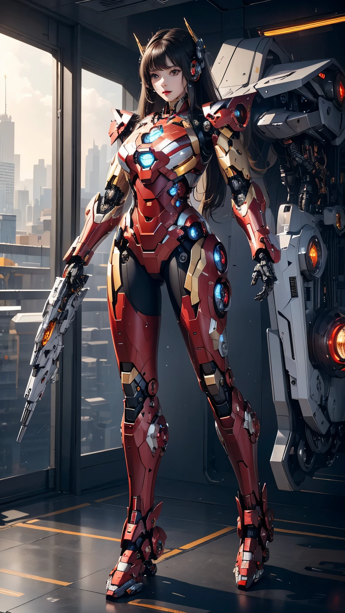  Super detailed, advanced details, high quality, 最high quality, High resolution, 1080P, hard disk, beautiful,(Iron Girl),Beautiful cyborg woman,Mecha cyborg girl,battle mode,Mecha body girl,She wears an Iron Man mech,full body shot