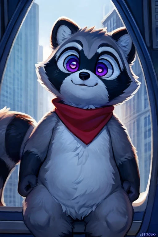 Rambley racoon is a short little raccoon mascot, he lives inside of networks and code, making his appearances on tv screens and monitors, showing up as a little spunky raccoon with great enthusiasm
 he has a little chubby body and cute little tiny raccoon hands, his feet are also roughly the same size as his hands, being cute and little, his fur a light grey, and the fur on his hands and feet black, he has a cute little bushy raccoon tail with stripes running down it, and a lighter grey patch running from his neck to around his belly, he has puffy little cheeks and pointy little raccoon ears, his eyes are a shiney purple with lighter grey fur surrounding them, he has a cute and derpy little nose and mouth, surrounded by similar grey fur to the fur around his eyes, as well as a long black patch running from left to right in between his eyes and nose, he has a little red bandana like red scarf that he wears around his neck, and when he drives his train, he wears a little blue conducter hat with thin white stripes 

 works in a circus,  monitor screens, , looking at viewer, big chest, day,, s ensual, detailed, uploaded to e621, beautiful an d detailed portrait of an anthropomorphic, (((m ale))) uploaded to e621, zaush, foxovh, movie li ghting, thicc, alone, detailed, 8k res, hires, detai led eyes, good anatomy, good perspective, tow ards viewer, by bebebebebe, by sicklyhypnos, b y gerkk, by orf, nice hands, perfect hands, happ y, romantic, ray tracing lighting, rtx on, By Bebe bebebe, by SpiritD, by KOBITOWANI, best qualit y, masterpiece, perfect anatomy, detailed pictur e)), 1femboy,