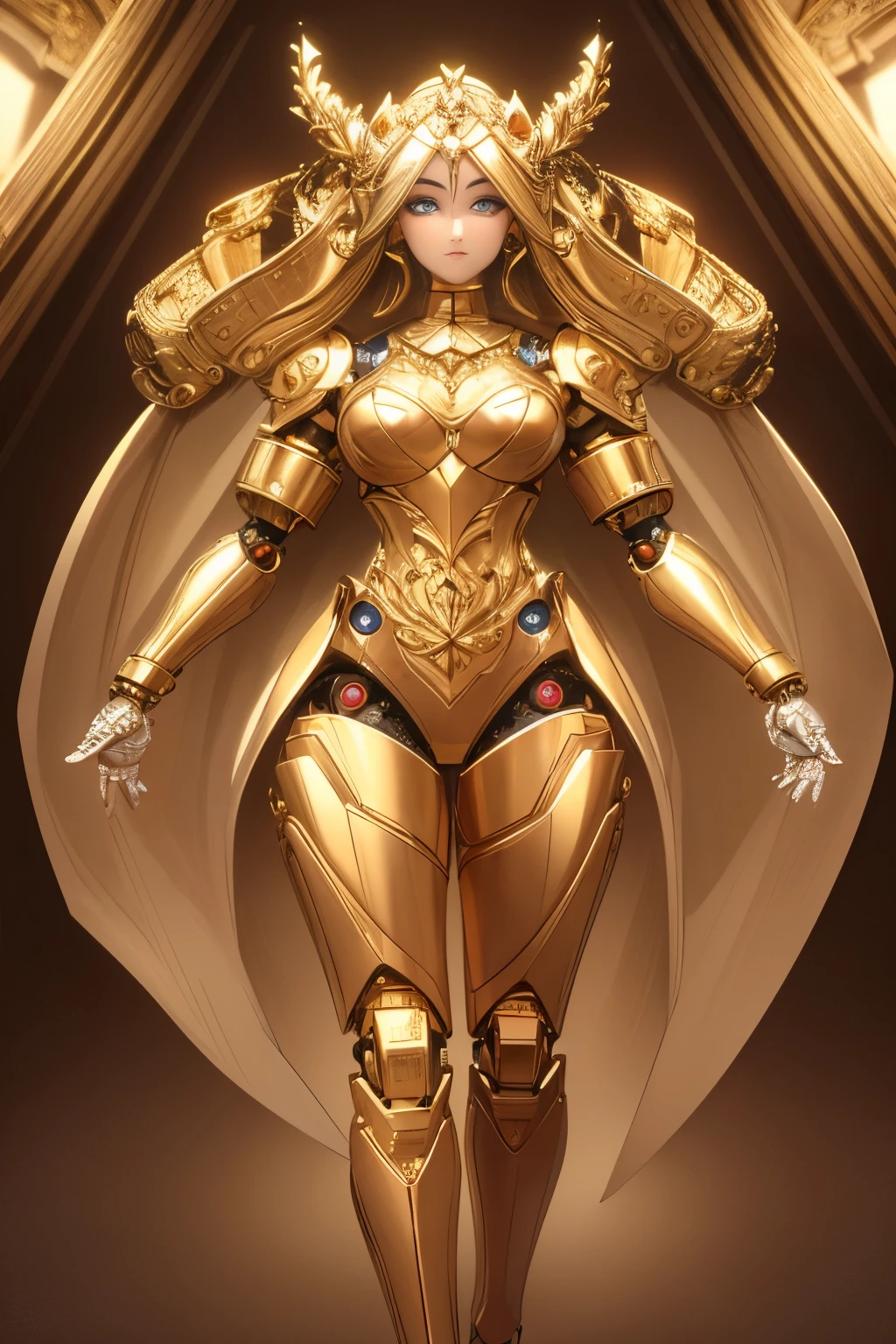 ((highest quality)), ((masterpiece)), (detailed),
 A robot made of gold except for its face, The face is that of a perfect human woman, Beautiful Face, Are standing, Masterpiece, Full Body Shot.,