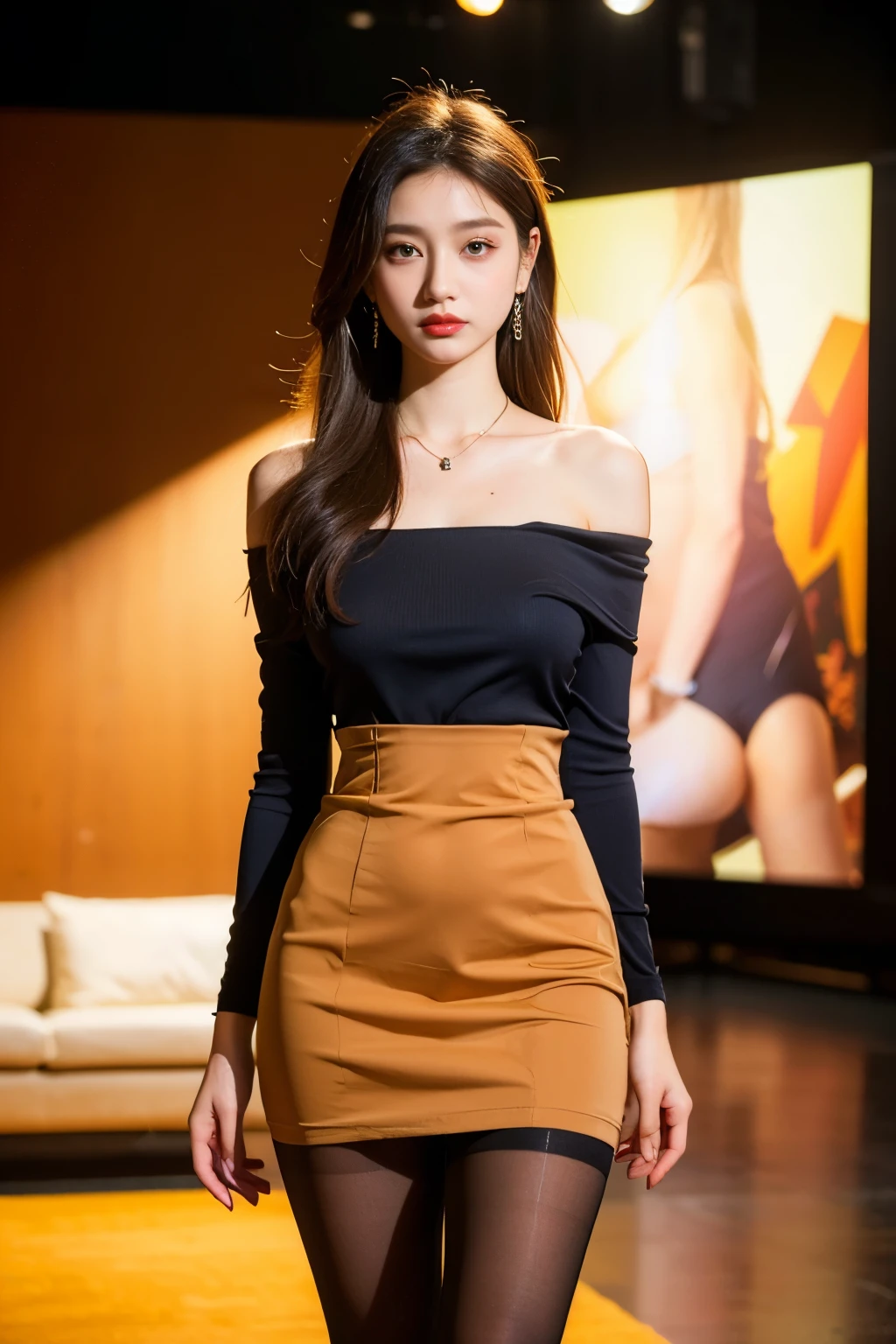 (Reality, best quality, Ultra-high resolution, Extremely detailed eyes and face:1.3),(1 Girl, Solitary:1.3),skirt,Jewelry,long_hair,necklace,earrings,(Pantyhose:1.2),Perfect body,permanent,Large Breasts,Upper Body,cleveage,looking at the audience,(Wide hips,narrow_waist),Off-shoulder_skirt,