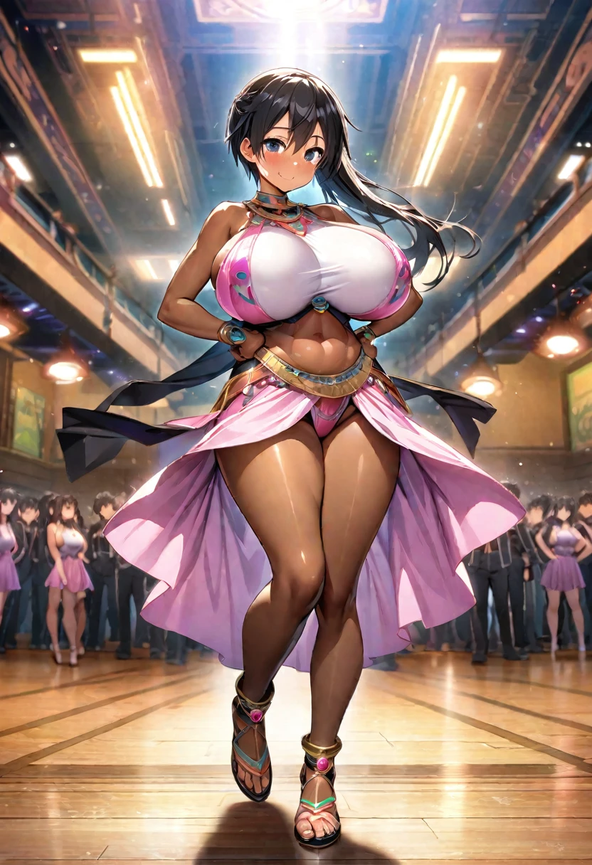 Kirito, Pink egyptian clothing, blushing smile, brown skin, long black hair, standing alone in the dance hall, Super huge big breasts breast enlargement looking into camera illustration, ultra-detailed, HDR, vibrant colrs, soft lighting official art