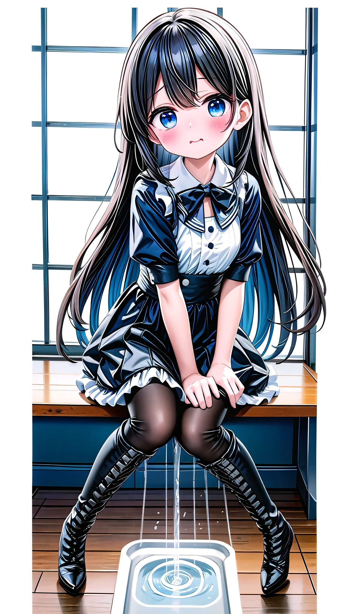 Blue long hair,Eye,White shirt,Dark black hip skirt(1.3),Black pantyhose,Black lace-up boots,teacher,教室场景教室场景classroom scene,,,((absurd)), ((on the table)), (best quality), (lens flare), (Super detailed), (Fair), ((cute girl)), solitary, Fair face, White skin, on the table, , , 、、 eternity, cry, , 淚水從Eye流出來, The embarrassment comes from, blush), (girl is peeing: 1.2),, look away, sit, Awkward, blush, Mouth slightly open, classroom