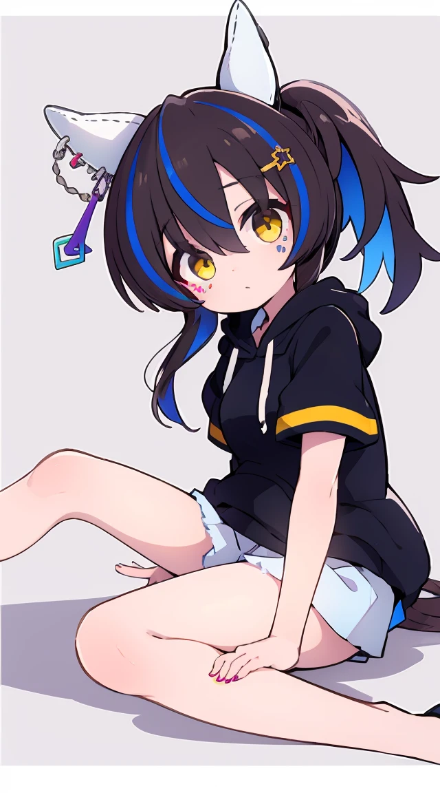 masterpiece, highest quality, High resolution, Very detailed,(((Daitaku Helios))), (((Black hoodie))), (((Bare legs)))