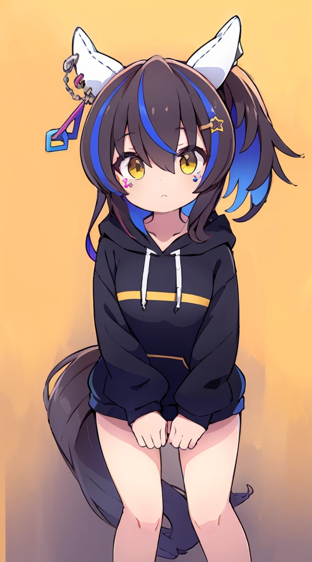 masterpiece, highest quality, High resolution, Very detailed,(((Daitaku Helios))), (((Black hoodie))), (((Bare legs)))