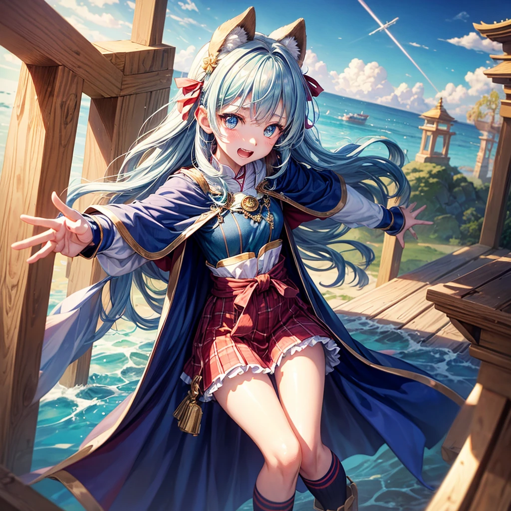 Aqua blue hair、Golden Eyes、Braid、One good looking girl、solo、anime、Checkered mini skirt、Ruffles on the skirt、Red T-shirt、Cape、Gothic、Black knee-high socks、bandana、Fluffy clothes、Wearing a ribbon、Ribbon on waist、Tilting face、Teeth are visible、Sunset sky、Piercing the clouds、Contrail、lotus leaves、Cumulonimbus、Pillar of Light、Silver coin necklace、A world of light、Spreading his arms for balance、shine、Tap from above、bell、torii