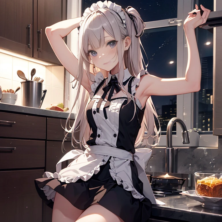 A maids, (in kitchen), various hair styles, night, details face, short skirt, seducing, sleeveless, maid uniform, armpits