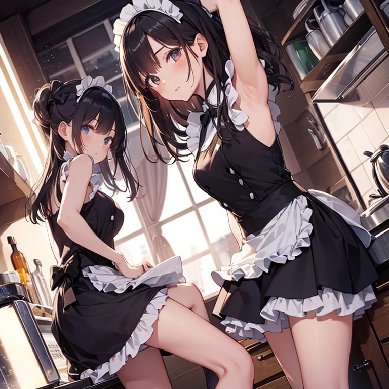 A maids, (in kitchen), various hair styles, night, details face, short skirt, seducing, sleeveless, maid uniform, armpits