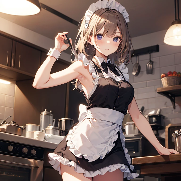 A maids, (in kitchen), various hair styles, night, details face, short skirt, seducing, sleeveless, maid uniform, armpits