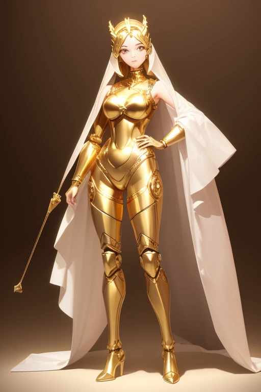 ((highest quality)), ((masterpiece)), (detailed),
 A robot made of gold except for its face, The face is that of a perfect human woman, Beautiful Face, Are standing, Masterpiece, Full Body Shot.,