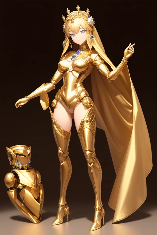 ((highest quality)), ((masterpiece)), (detailed),
 A robot made of gold except for its face, The face is that of a perfect human woman, Beautiful Face, Are standing, Masterpiece, Full Body Shot.,