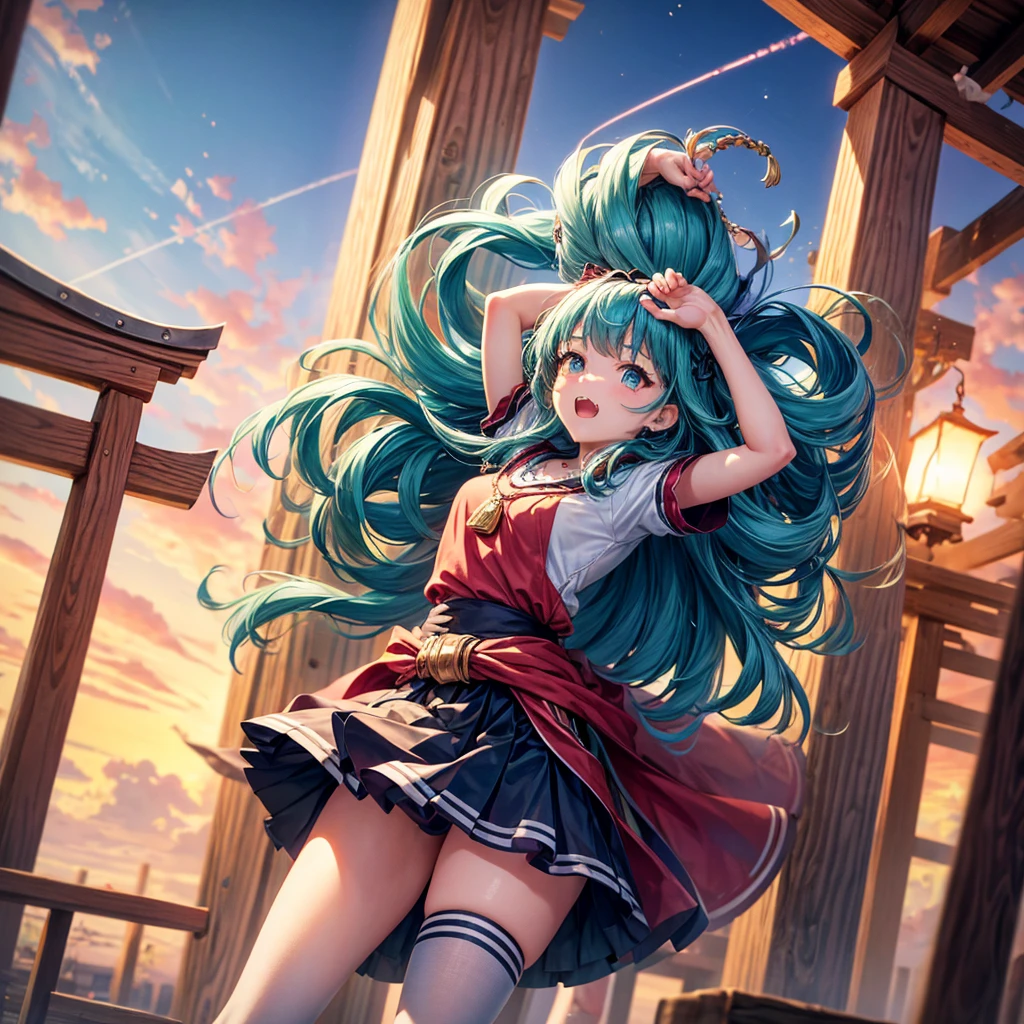 Aqua blue hair、Golden Eyes、Braid、One good looking girl、solo、anime、Checkered mini skirt、Ruffles on the skirt、Red T-shirt、Cape、Gothic、Black knee-high socks、bandana、Fluffy clothes、Wearing a ribbon、Ribbon on waist、Tilting face、Teeth are visible、Sunset sky、Piercing the clouds、Contrail、lotus leaves、Cumulonimbus、Pillar of Light、Silver coin necklace、A world of light、Spreading his arms for balance、shine、From above、Chomp、bell、torii