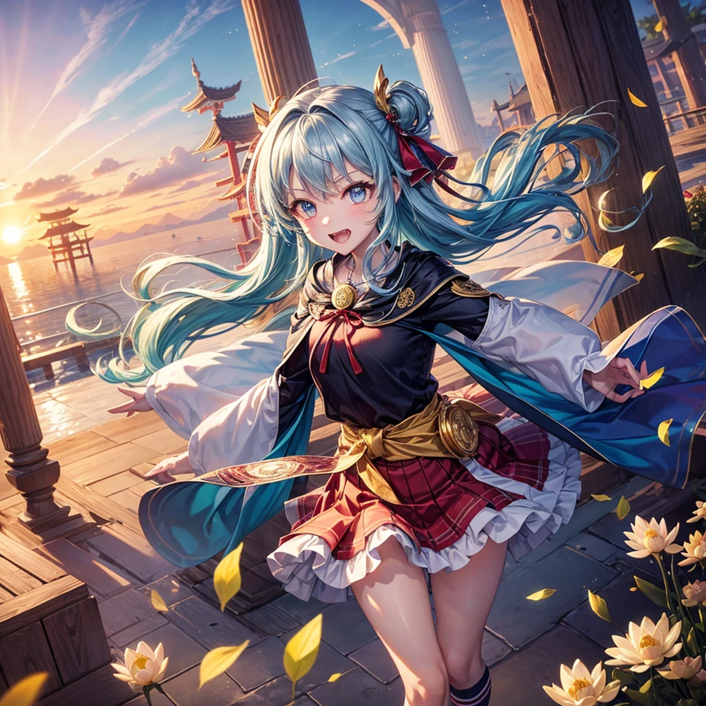 Aqua blue hair、Golden Eyes、Braid、One good looking girl、solo、anime、Checkered mini skirt、Ruffles on the skirt、Red T-shirt、Cape、Gothic、Black knee-high socks、bandana、Fluffy clothes、Wearing a ribbon、Ribbon on waist、Tilting face、Teeth are visible、Sunset sky、Piercing the clouds、Contrail、lotus leaves、Cumulonimbus、Pillar of Light、Silver coin necklace、A world of light、Spreading his arms for balance、shine、From above、Chomp、bell、torii
