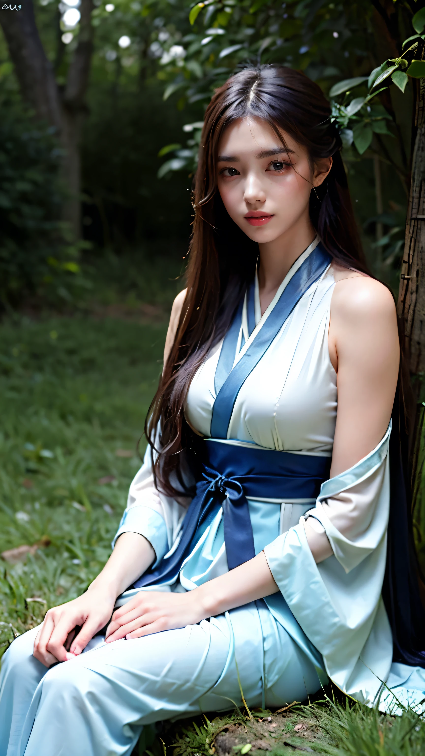 best quality, masterpiece, photo realistic, ultra realistic, raw photo, 1girl, hanfu ,very long hair, sit in grass, detailed background, finely detailed