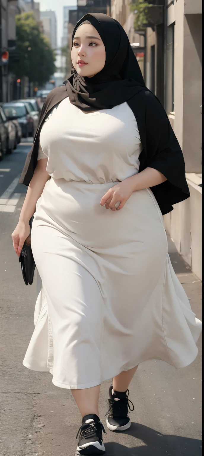 Milky white skin woman in black dress and hijab walking down the street, , hijab outfit, , hijab fashion model, plus size, plus size woman, , woman in black robes, beautiful woman, thicc, black outfit,, bbwchan , white sneakers , Height 170 cm, beautiful woman, with a beautiful appearance, a very beautiful masterpiece, a masterpiece of art, good lighting, Bright colors, Clean lines