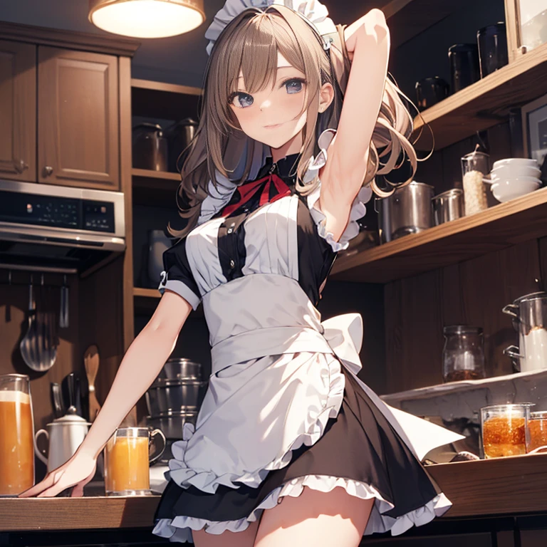 A maids, (in kitchen), various hair styles, night, details face, short skirt, seducing, sleeveless, maid uniform, armpits