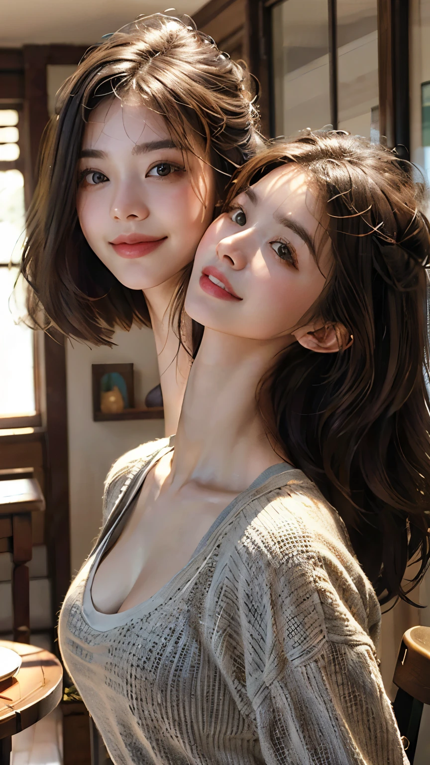 (ultra realistic, highly detailed:1.4), best quality, (selfie of two asian girls:1.2), casual clothing, soft natural lighting, smiling, (longneck:1.4)