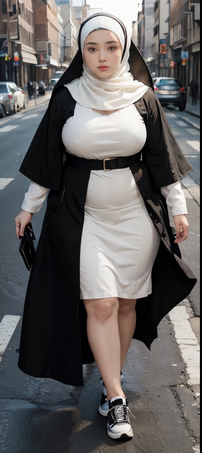 Milky white skin woman in black dress and hijab walking down the street, , hijab outfit, , hijab fashion model, plus size, plus size woman, , woman in black robes, beautiful woman, thicc, black outfit,, bbwchan , white sneakers , Height 170 cm, beautiful woman, with a beautiful appearance, a very beautiful masterpiece, a masterpiece of art, good lighting, Bright colors, Clean lines