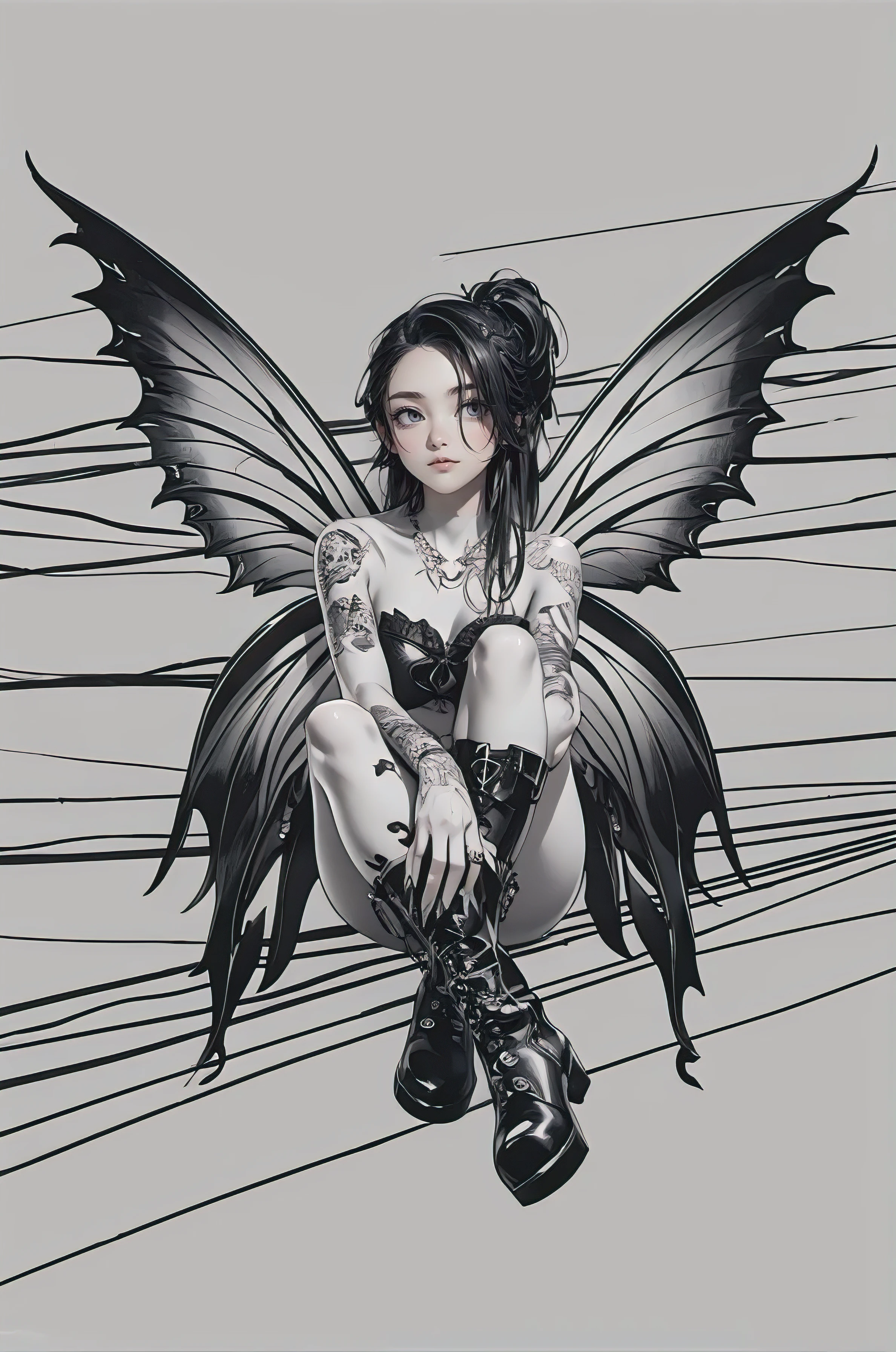 A captivating minimalistic black and white illustration of an emo fairy, sitting with her legs crossed. She has stunning wings, tattoos, and dark makeup, giving her an ethereal yet edgy appearance. Her attire includes a pair of boots that complement her overall look. The background consists of simple lines, enhancing the focus on the fairy and her striking features., illustration