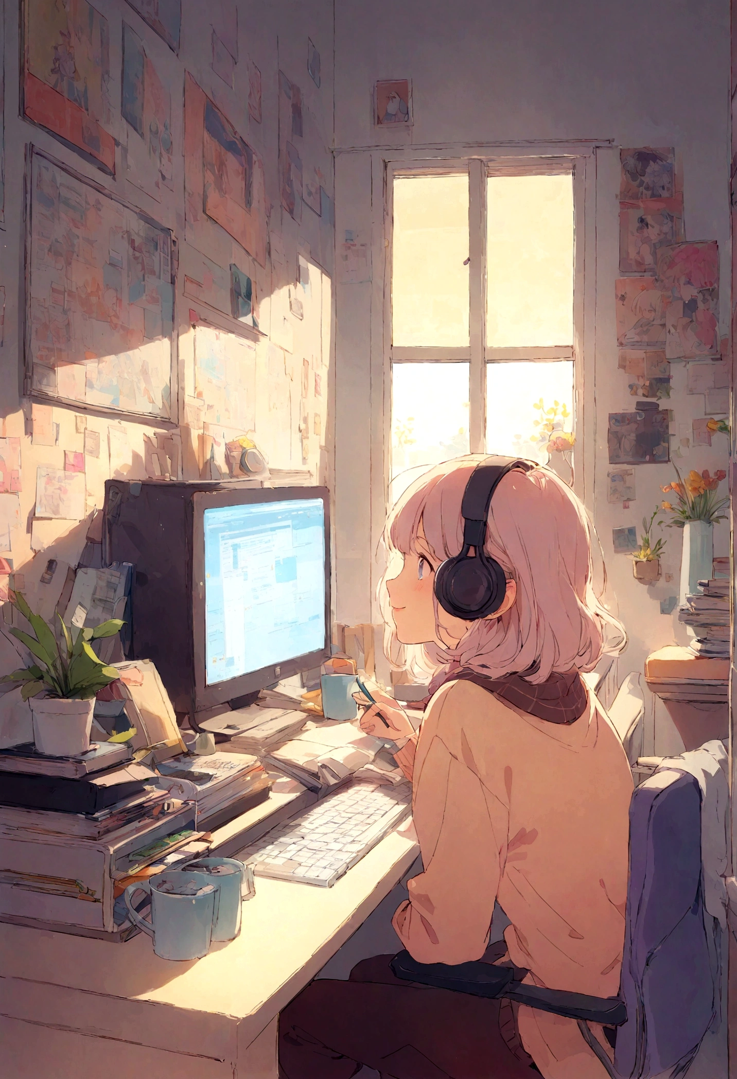 Girl working on a PC,Lo-fi atmosphere,Quiet and relaxing environment,Cozy rooms with warm lighting,Vintage-style illustration,Soft and calming colors,Cute anime-like characters,Retro Computer Monitor and Keyboard,Over-Ear Headphones,Coffee Mugs,Bob hair and round glasses,Smile with rosy cheeks,A keyboard with colorful keycaps,Potted plant on the desk,Fairy light in the background,Artistic posters on the wall,Soft sunlight streaming through the window,Peaceful and quiet environment,Stimulating and creative atmosphere,Retro aesthetic vibe,Relaxing music playing in the background,Comfortable chair and ergonomic setup,A desk covered with artistic notebooks and stationery,Stylish and unique desktop wallpapers,A bookshelf full of books and records,A creative workspace with a personal touch,neatly organized desk,Inspirational quotes on the wall,Soothing lavender scented candles,cheerful and cheerful personality,Positive and focused mindset,Expression of joy and satisfaction,Beautiful and delicate eyes and lips,Feeling happy and productive,Increase motivation to complete tasks,Attention to detail in every stroke,Imagination and creativity in her work,An artistic atmosphere that inspires others.