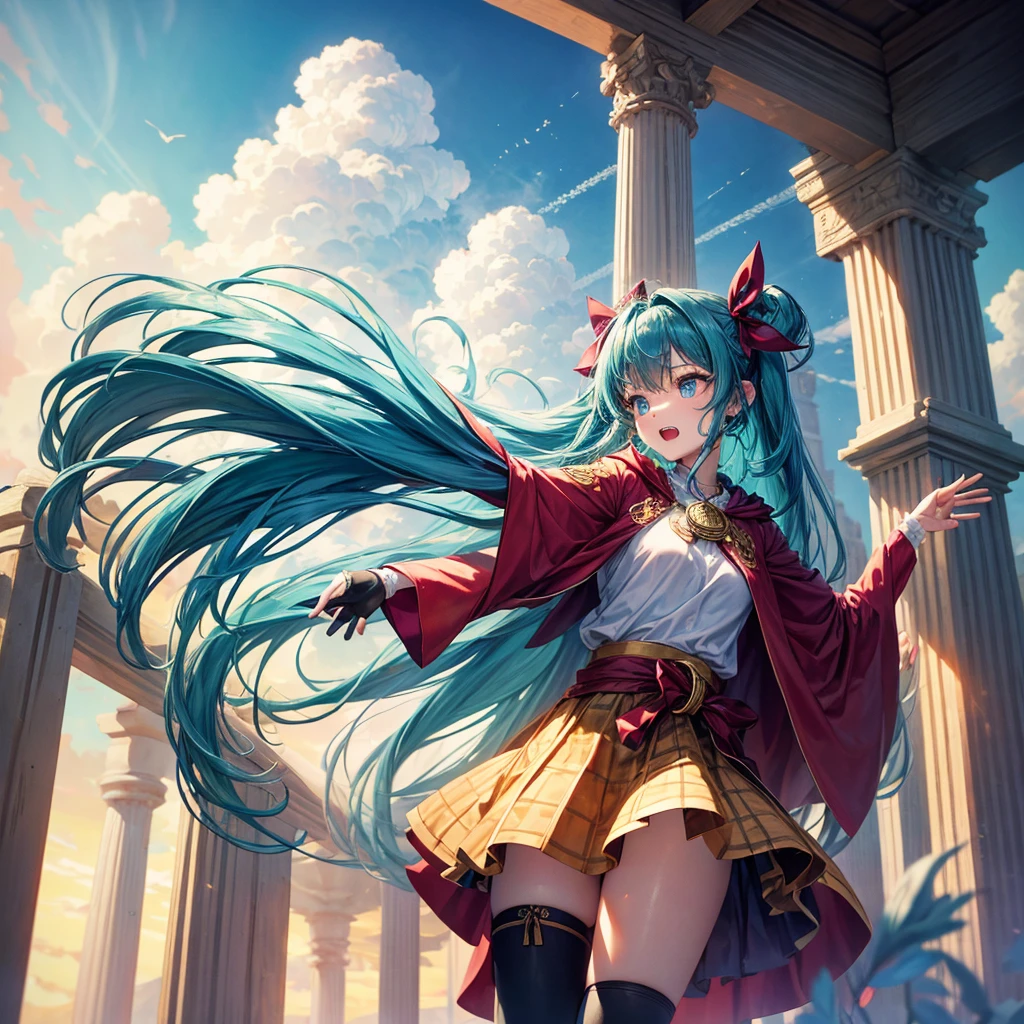 Aqua blue hair、Golden Eyes、Braid、One good looking girl、solo、anime、Checkered mini skirt、Ruffles on the skirt、Red T-shirt、Cape、Gothic、Black knee-high socks、bandana、Fluffy clothes、Wearing a ribbon、Ribbon on waist、Tilting face、Teeth are visible、Sunset sky、Piercing the clouds、Contrail、lotus leaves、Cumulonimbus、Pillar of Light、Silver coin necklace、A world of light、Spreading his arms for balance、shine、Tap from above、bell、torii
