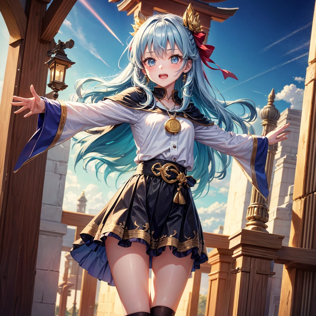 Aqua blue hair、Golden Eyes、Braid、One good looking girl、solo、anime、Checkered mini skirt、Ruffles on the skirt、Red T-shirt、Cape、Gothic、Black knee-high socks、bandana、Fluffy clothes、Wearing a ribbon、Ribbon on waist、Tilting face、Teeth are visible、Sunset sky、Piercing the clouds、Contrail、lotus leaves、Cumulonimbus、Pillar of Light、Silver coin necklace、A world of light、Spreading his arms for balance、shine、Tap from above、bell、torii