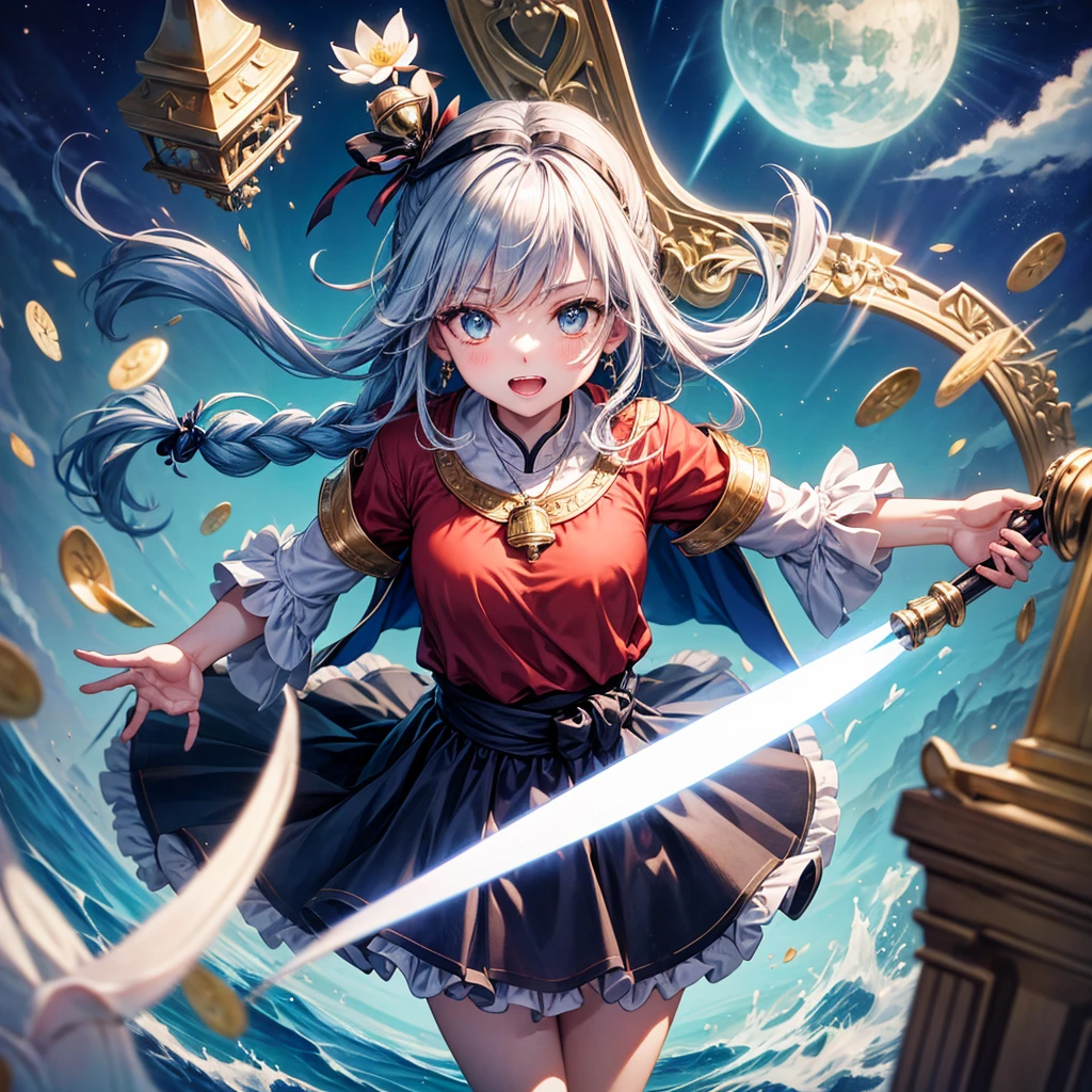 Aqua blue hair、Golden Eyes、Braid、One good looking girl、solo、anime、Checkered mini skirt、Ruffles on the skirt、Red T-shirt、Cape、Gothic、Black knee-high socks、bandana、Fluffy clothes、Wearing a ribbon、Ribbon on waist、Tilting face、Teeth are visible、Sunset sky、Piercing the clouds、Contrail、lotus leaves、Cumulonimbus、Pillar of Light、Silver coin necklace、A world of light、Spreading his arms for balance、shine、Tap from above、bell、torii