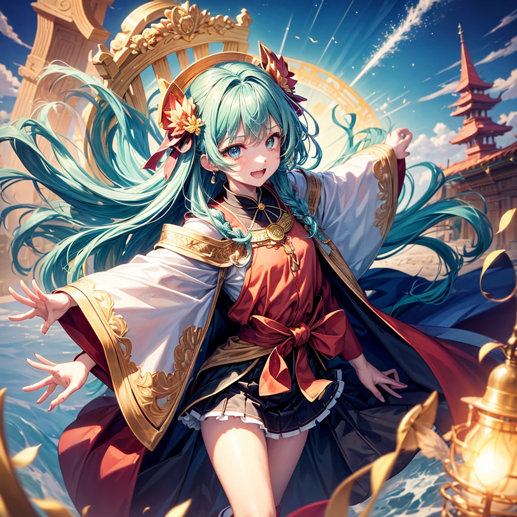 Aqua blue hair、Golden Eyes、Braid、One good looking girl、solo、anime、Checkered mini skirt、Ruffles on the skirt、Red T-shirt、Cape、Gothic、Black knee-high socks、bandana、Fluffy clothes、Wearing a ribbon、Ribbon on waist、Tilting face、Teeth are visible、Sunset sky、Piercing the clouds、Contrail、lotus leaves、Cumulonimbus、Pillar of Light、Silver coin necklace、A world of light、Spreading his arms for balance、shine、Tap from above、bell、torii