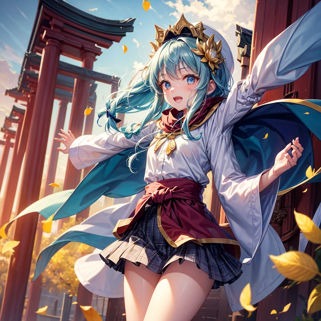 Aqua blue hair、Golden Eyes、Braid、One good looking girl、solo、anime、Checkered mini skirt、Ruffles on the skirt、Red T-shirt、Cape、Gothic、Black knee-high socks、bandana、Fluffy clothes、Wearing a ribbon、Ribbon on waist、Tilting face、Teeth are visible、Sunset sky、Piercing the clouds、Contrail、lotus leaves、Cumulonimbus、Pillar of Light、Silver coin necklace、A world of light、Spreading his arms for balance、shine、Tap from above、bell、torii