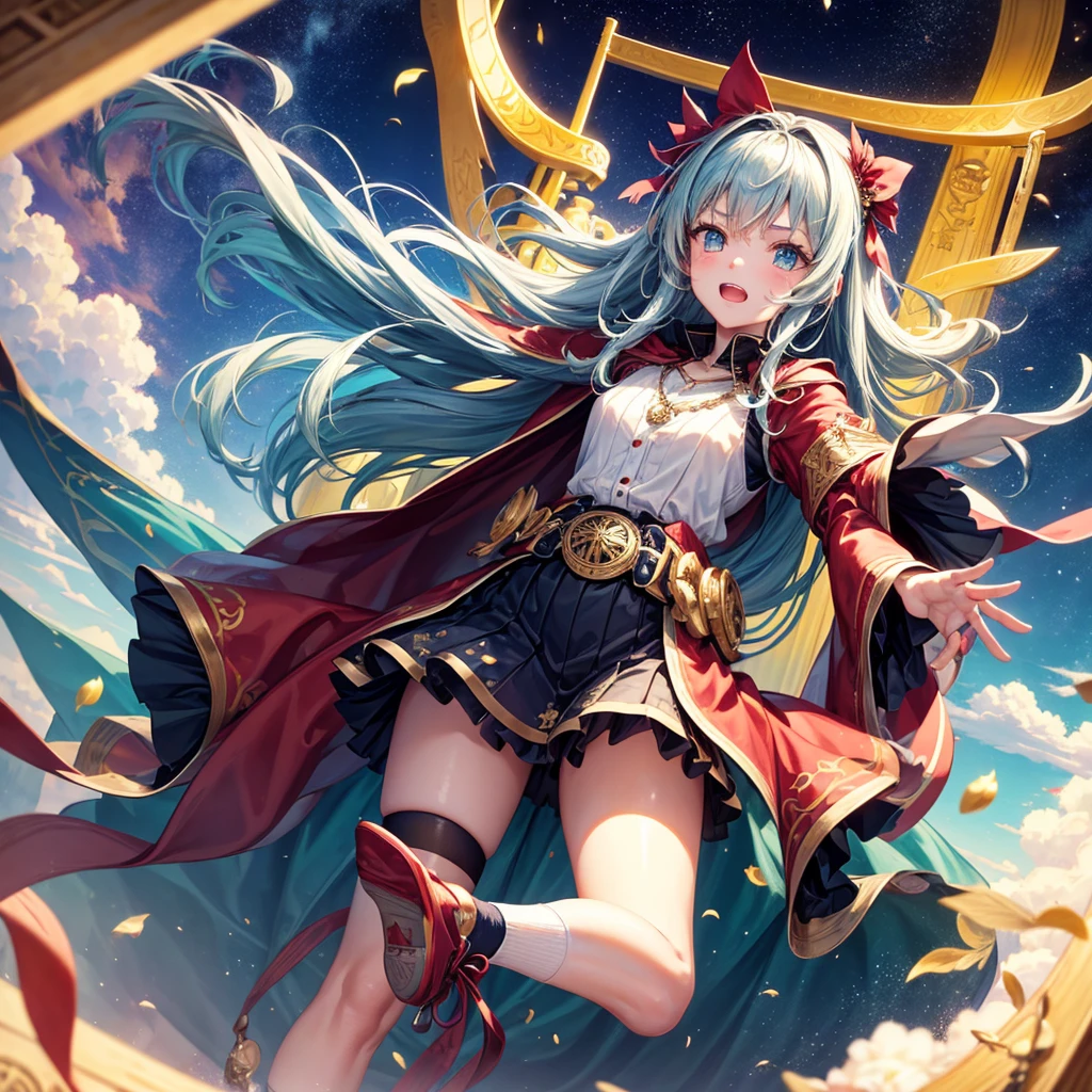 Aqua blue hair、Golden Eyes、Braid、One good looking girl、solo、anime、Checkered mini skirt、Ruffles on the skirt、Red T-shirt、Cape、Gothic、Black knee-high socks、bandana、Fluffy clothes、Wearing a ribbon、Ribbon on waist、Tilting face、Teeth are visible、Sunset sky、Piercing the clouds、Contrail、lotus leaves、Cumulonimbus、Pillar of Light、Silver coin necklace、A world of light、Spreading his arms for balance、shine、Tap from above、bell、torii