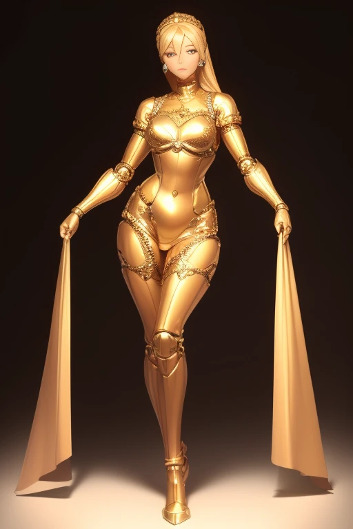 ((highest quality)), ((masterpiece)), (detailed),
 A robot made of gold except for its face, The face is that of a perfect human woman, Beautiful Face, Are standing, Masterpiece, Full Body Shot.,