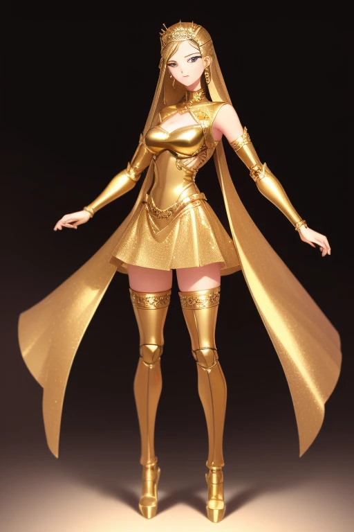 ((highest quality)), ((masterpiece)), (detailed),
 A robot made of gold except for its face, The face is that of a perfect human woman, Beautiful Face, Are standing, Masterpiece, Full Body Shot.,