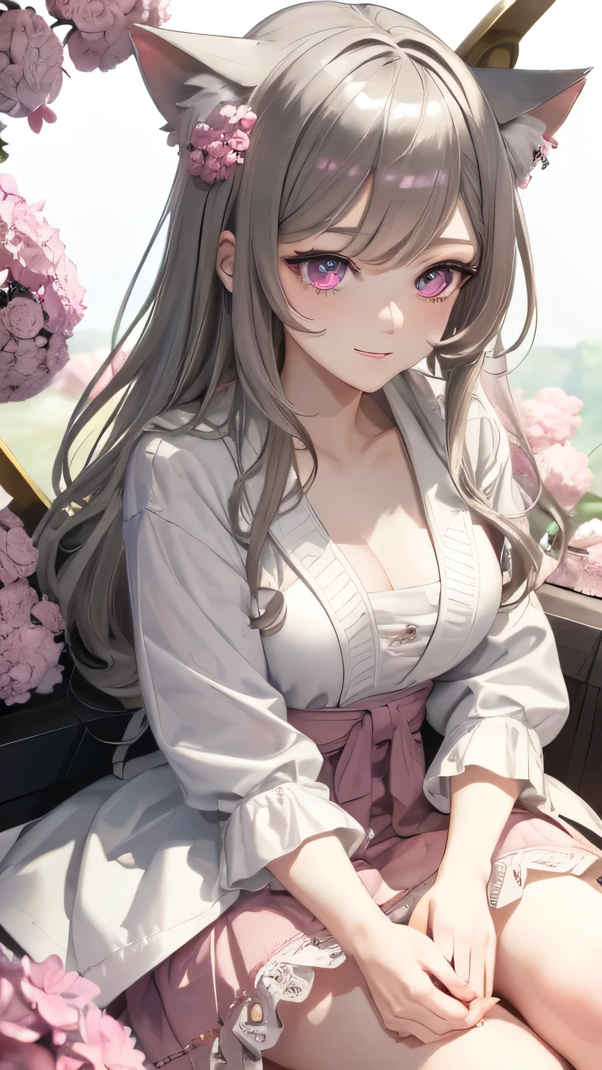 masterpiece,highest quality,Highly detailed face,fine grain,Sparkling eyes,Highlighted eyes,Center of chest,pretty girl,smile,Cat ear,Beautiful silver hair,Pink inside,Beautiful pink eyes,Hydrangea, sit hugging one's knees,shirt,skirt
