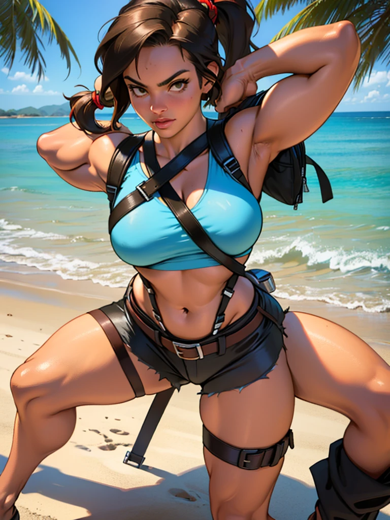 1 girl. Lara croft slim, largl breasts, toned, athletic. Brown hair in a long braided ponytail, brown eyes, wearing lara croft costume (light-blue halter-top, micro brown shorts, leather belt, tactical harness, canvas backpack.pistols.on a tropical beach.dynamic action pinup poses