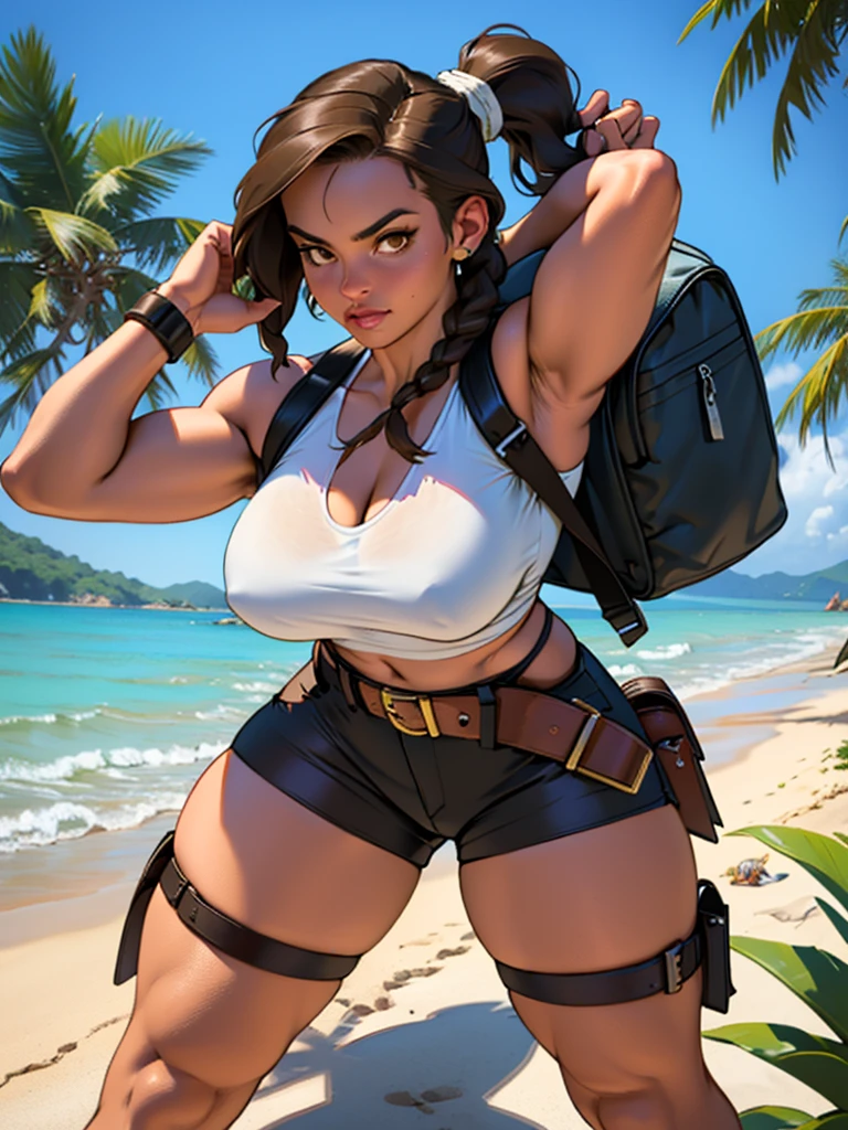 1 girl. Lara croft slim, largl breasts, toned, athletic. Brown hair in a long braided ponytail, brown eyes, wearing lara croft costume (light-blue halter-top, micro brown shorts, leather belt, tactical harness, canvas backpack.pistols.on a tropical beach.dynamic action pinup poses