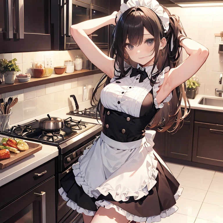 A maids, (in kitchen), various hair styles, night, details face, short skirt, seducing, sleeveless, maid uniform, armpits