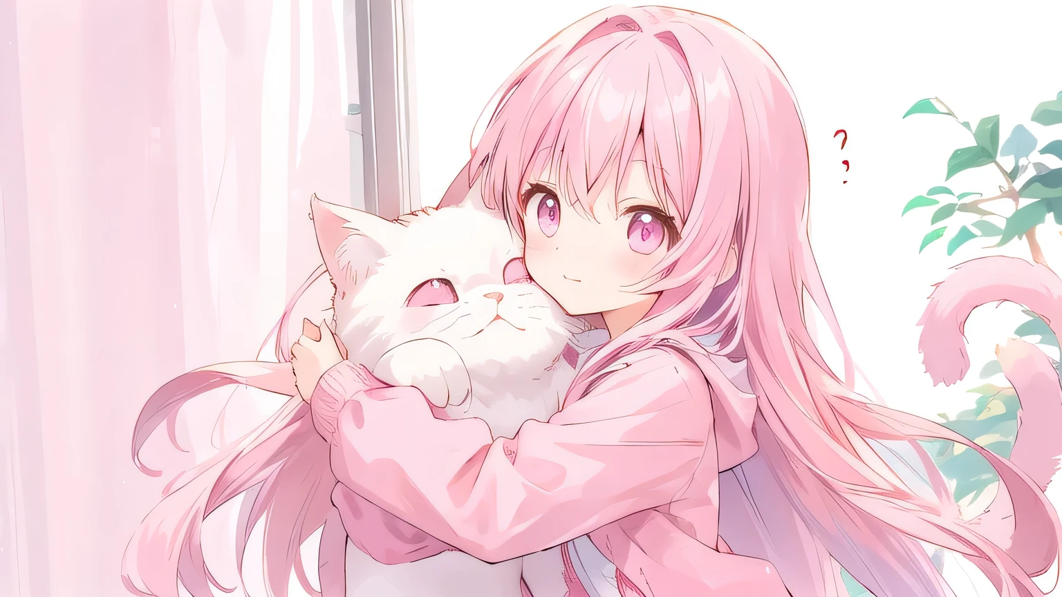 Pink Long Hair,One girl、s old、Dressed in cute clothes、Hugging a cute cat