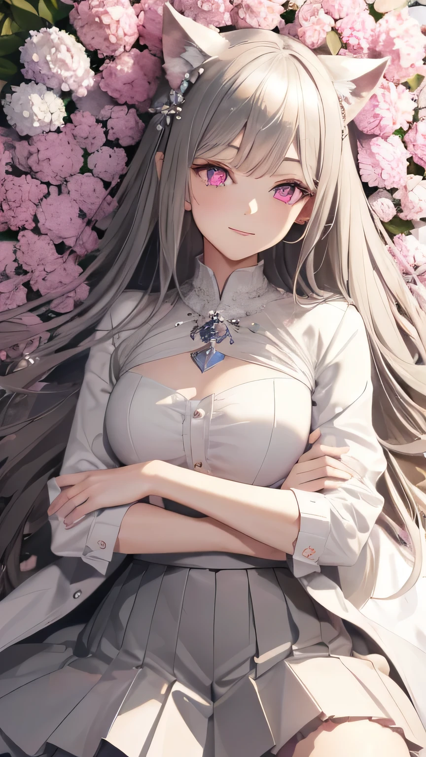 masterpiece,highest quality,Highly detailed face,fine grain,Sparkling eyes,Highlighted eyes,Center of chest,pretty girl,smile,Cat ear,Beautiful silver hair,Pink inside,Beautiful pink eyes,Hydrangea, sit hugging one's knees,shirt,skirt
