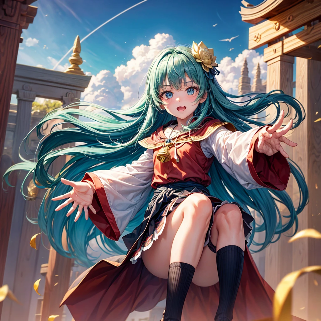 Aqua blue hair、Golden Eyes、Braid、One good looking girl、solo、anime、Checkered mini skirt、Ruffles on the skirt、Red T-shirt、Cape、Gothic、Black knee-high socks、bandana、Fluffy clothes、Wearing a ribbon、Ribbon on waist、Tilting face、Teeth are visible、Sunset sky、Piercing the clouds、Contrail、lotus leaves、Cumulonimbus、Pillar of Light、Silver coin necklace、A world of light、Spreading his arms for balance、shine、Tap from above、bell、torii