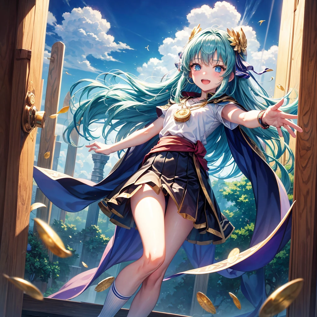 Masterpiece. High-resolution. (1girl) about 20 years old. Pretty beautiful girl. Standing pose. Imposing. Pretty big purple eyes. Delicate face. ((Long light blue hair)). Straight hair. Messy hair. Hair bangs. Hair blowing in the wind. ((Turquoise tunic)). ((Purple tide pants)). Leather boots. Greek ruins background with cosmic skies.