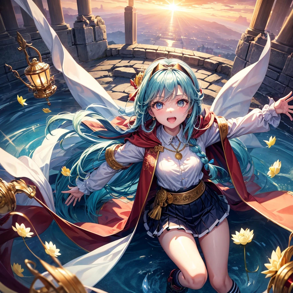 Aqua blue hair、Golden Eyes、Braid、One good looking girl、solo、anime、Checkered mini skirt、Ruffles on the skirt、Red T-shirt、Cape、Gothic、Black knee-high socks、bandana、Fluffy clothes、Wearing a ribbon、Ribbon on waist、Tilting face、Teeth are visible、Sunset sky、Piercing the clouds、Contrail、lotus leaves、Cumulonimbus、Pillar of Light、Silver coin necklace、A world of light、Spreading his arms for balance、shine、Tap from above、bell、torii